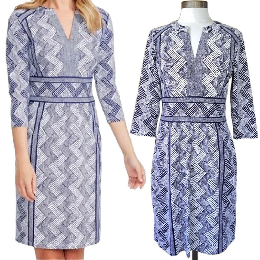J.McLaughlin Lola Dress Blue Basketweave 3/4 Sleeve Catalina Cloth S preppy